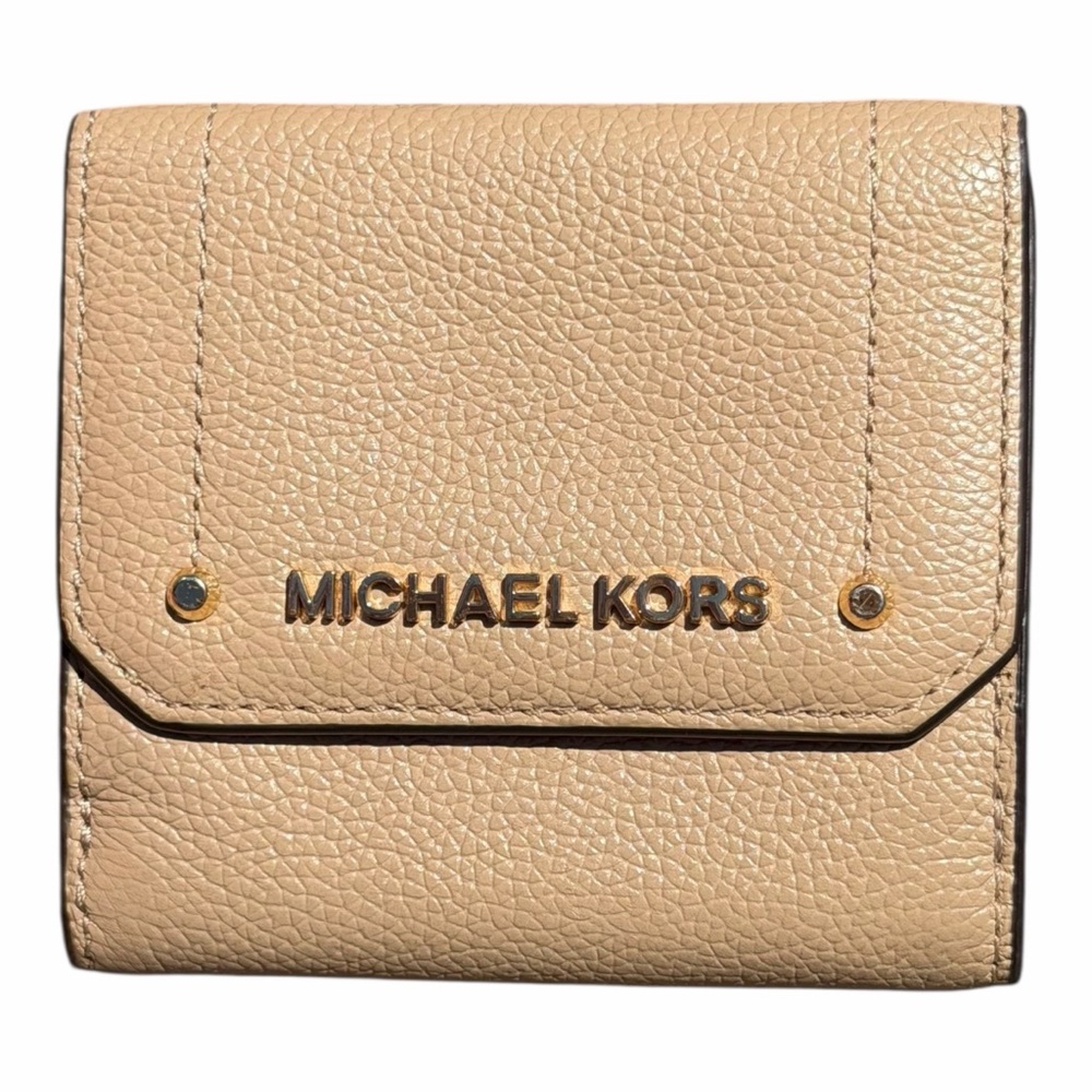 Michael Kors Hayes Trifold Wallet Pebbled Leather Beige Snap Small Compact - Picture 3 of 13